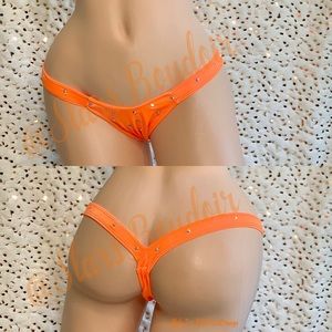 New Sexy Exotic Dance Wear 🧡Neon Orange🍊 X-Wide Thong w/Rhinestone💎Accents